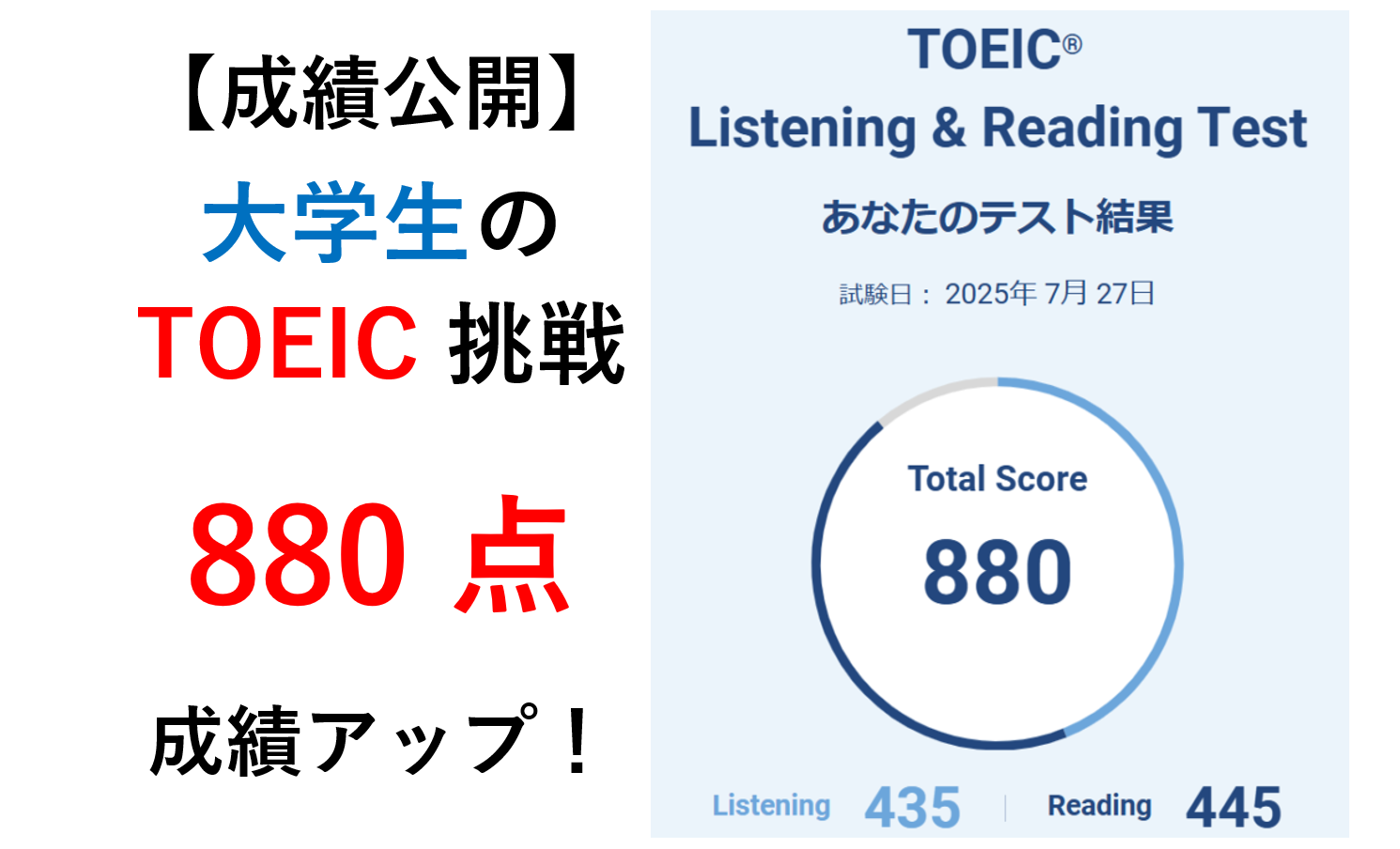 【成績公開】早稲田大学生のTOEIC受験 850点突破の880点