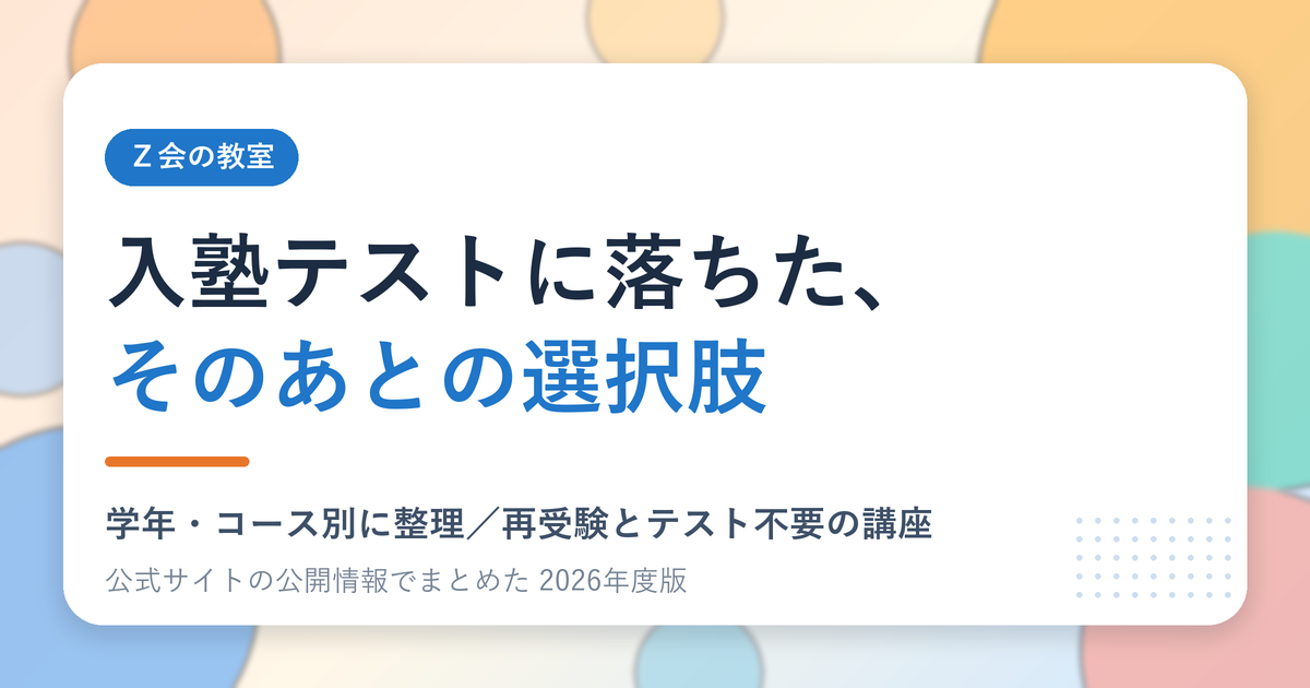 Z会の教室の入塾テストに落ちたあとの選択肢を学年・コース別に整理した記事のアイキャッチ