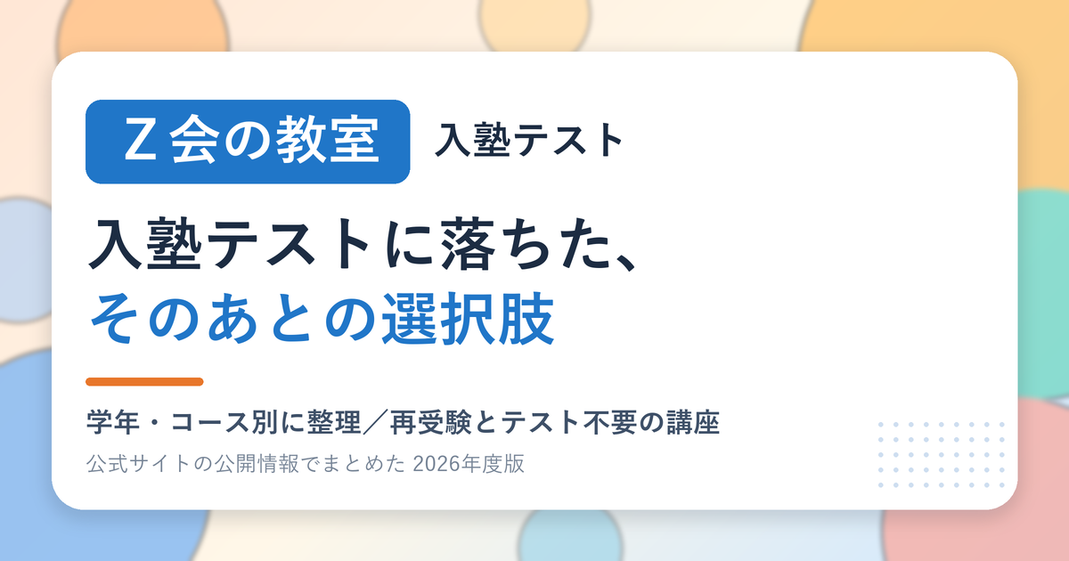 Z会の教室の入塾テストに落ちたあとの選択肢を学年・コース別に整理した記事のアイキャッチ